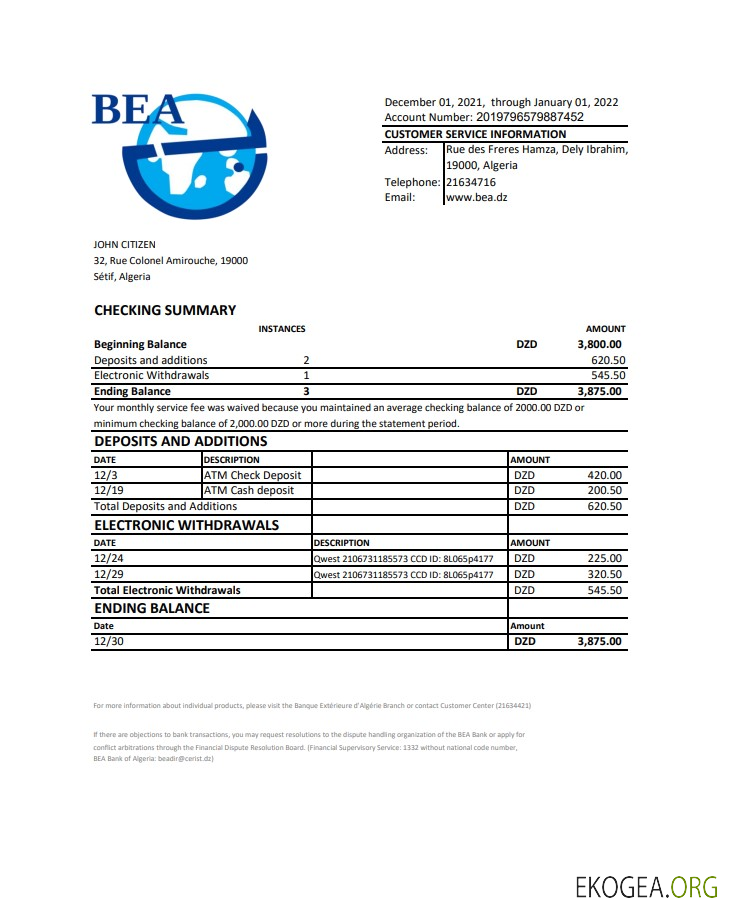 Modèle de relevé bancaire de la Banque extérieure d’Algérie en Algérie au format Excel et PDF
